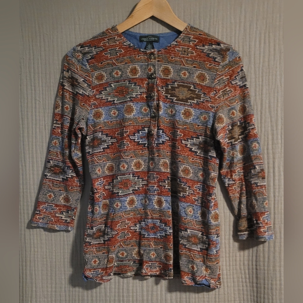 Ralph Lauren Southwestern Aztec Thermal Knit 3/4 Sleeve Top Size L